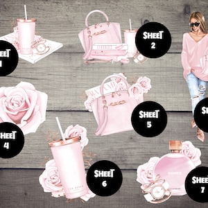 May include: A set of seven digital printable sheets featuring various pink and gold themed designs. The designs include a rose, a handbag, a tumbler, a perfume bottle, and a woman wearing a pink sweater and jeans. The sheets are labeled with the numbers 1 through 7.