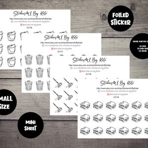 May include: A sheet of mini stickers featuring various designs, including a bin, a broom, and a lunchbox. The stickers are black and white and are labelled "Stickers 4U By Kate".