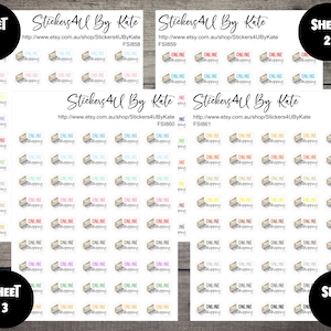 May include: Four sheets of stickers featuring a cartoon laptop with the text "Online Shopping" in various colours. Each sheet has 36 stickers.