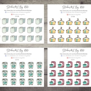 May include: A sheet of 24 stickers featuring various household items. The stickers are in a cartoon style and feature a variety of colours, including blue, green, yellow, and pink. The stickers are arranged in four rows of six stickers each. The stickers include a toilet roll, a hanger, a washing machine, and a stand mixer.