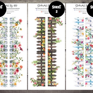 Könnte beinhalten: Drei Blätter Stickerpapier mit verschiedenen Designs von weißen Lattenzäunen und bunten Blumen. Das erste Blatt zeigt zwei weiße Lattenzäune mit Blumen in Rosa, Gelb und Blau. Das zweite Blatt zeigt einen braunen Lattenzaun mit Blumen in Rosa, Gelb und Grün. Das dritte Blatt zeigt einen weißen Lattenzaun mit Blumen in Rosa, Gelb, Blau und Lila.