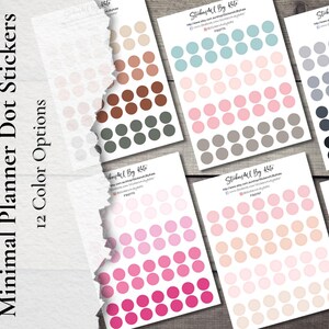May include: Minimal planner dot stickers in 12 colour options. The stickers are arranged on white cards, each featuring a different colour palette of small, round dots. The colours range from pastels to darker shades, including pinks, blues, and greys.