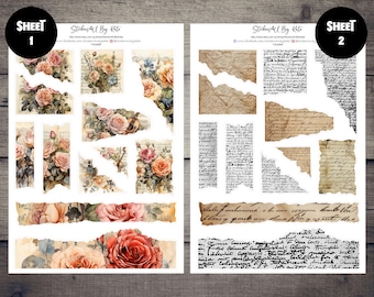 May include: Two sheets of stickers featuring vintage floral and script designs. Sheet 1 showcases watercolor roses and torn paper effects. Sheet 2 displays aged paper with handwritten text and torn edges. The text "Sheet 1" and "Sheet 2" are visible.