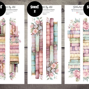 Könnte beinhalten: Drei Blätter mit Aufklebern, die Aquarell-Illustrationen von Bücherstapeln mit floralen Akzenten zeigen. Die Aufkleber sind mit "Blatt 1", "Blatt 2" und "Blatt 3" beschriftet.