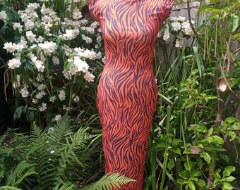 1950s 1960s Vintage style wiggle dress in animal, tiger print. Stretchy bad girl style Ramona Dress