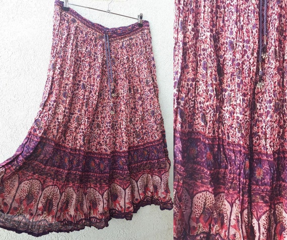 Handmade Indian Gauze Cotton Free Size Black Paisley Pink Purple Sequin Trim Long Maxi Skirt Lightweight Breezy Summer Boho Hippie Festival