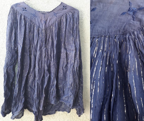 Vintage 1970s 1980S Blue Indian Cotton Gauze & Si