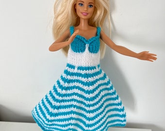 Hand knitted barbie doll clothes. Turquoise and white striped flared dress
