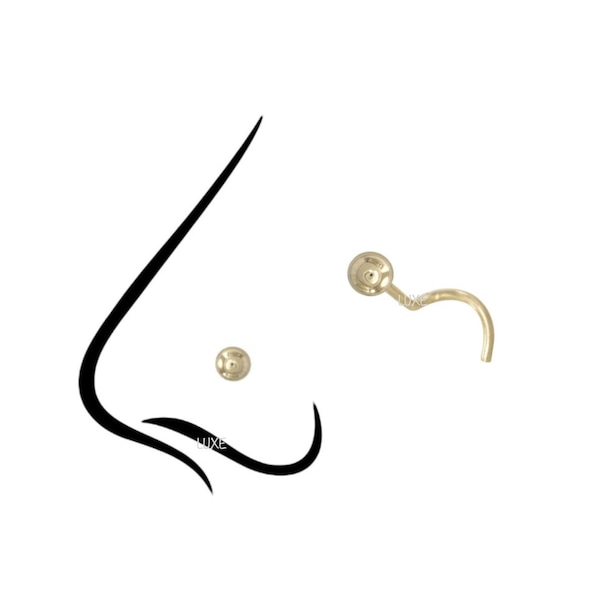 14k Gold Nose Ring, Plain 2mm Ball Nose Studs, Solid 14k Gold Nose Hoops, Body Piercing