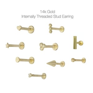 14k Gold Internally Threaded Flat Back Disc Labret Stud Piercing, Tiny Gold Studs, Cartilage, Helix, Tragus, Body Piercing, Gift for Her