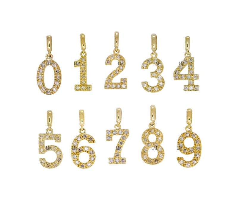 14k Gold Diamond Number Charm, Block Script Number Charms, Real