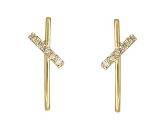 14k Gold Bar Stud Earring with Diamond, 14k Gold Bar Earring, Double Bar Earring, 14k Gold Studs, Gift for Her