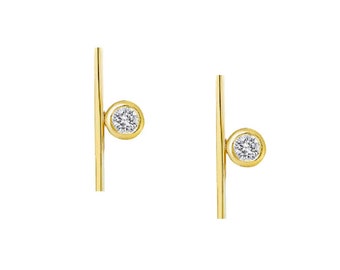 14k Gold Studs, 14k Gold Bar Stud Earring with Diamond, Gold Bar Earring, Gift for Her