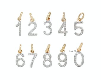 14k Gold Diamond Number Charm, Block Script Number Charms, Real Gold Personalized Charm, Gold Number Charms