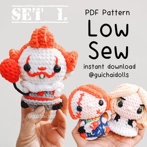 May include: Crocheted dolls of horror movie characters, including Pennywise the clown, Chucky, and Tiffany Valentine. The dolls are white, orange, red, and gray, with black eyes and detailed features. The image includes text that says "PDF Pattern Low Sew".