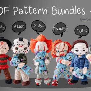 PDF Pattern Bundle +6 Halloween Amigurumi (Freddy, Jason, Chucky, Clown, Michael,Frank)