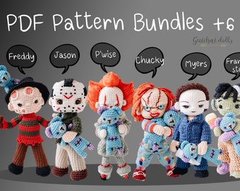 Lot de patrons PDF + 6 amisgurumi d'Halloween (Freddy, Jason, Chucky, clown, Michael, Frank)