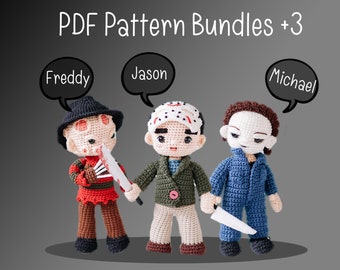 PDF-patroonbundel +3 Hot Halloween Amigurumi (Freddy, Jason, Michael)