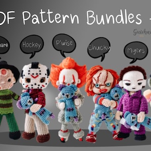 PDF Pattern Bundle +6 Halloween Amigurumi (Hockey, Chucky, Clown, Michael, Frank, Nightmare)