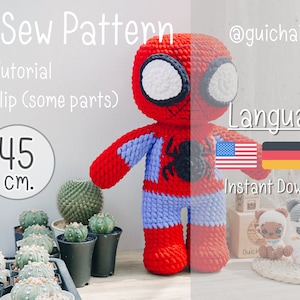 K&ouml;nnte beinhalten: Ein H&auml;kelmuster f&uuml;r eine rote und blaue Spiderman Amigurumi-Puppe, 45 cm gro&szlig;. Das Muster beinhaltet ein Foto-Tutorial und ein Video. Das Muster ist in Englisch, Deutsch und Spanisch verf&uuml;gbar. Sofortiger Download.