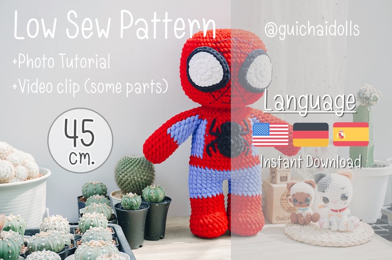 K&ouml;nnte beinhalten: Ein H&auml;kelmuster f&uuml;r eine rote und blaue Spiderman Amigurumi-Puppe, 45 cm gro&szlig;. Das Muster beinhaltet ein Foto-Tutorial und ein Video. Das Muster ist in Englisch, Deutsch und Spanisch verf&uuml;gbar. Sofortiger Download.