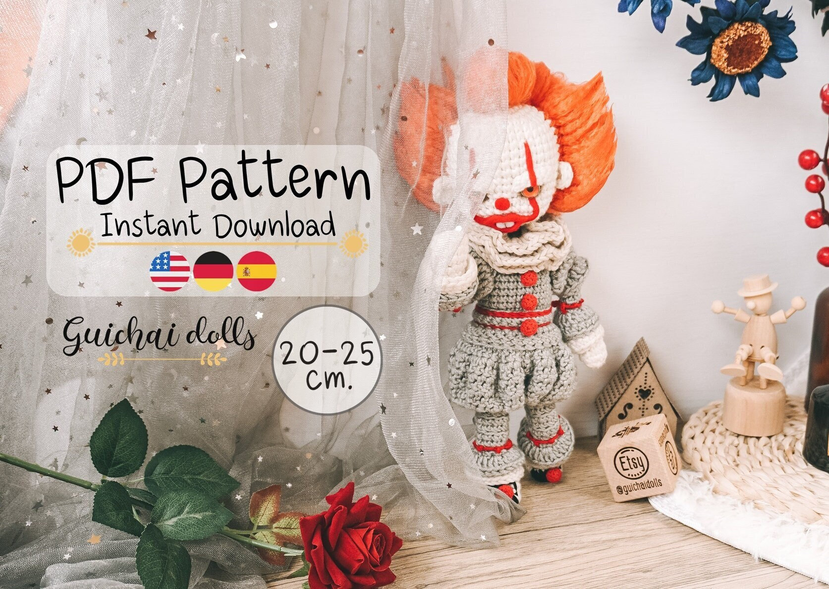 Spooky PDF Pattern, Clown (amigurumi Pattern, Photo Tutorial