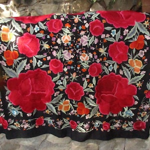 Antique Manton de Manila Embroidered  Cantonese Silk Shawl , no fringe