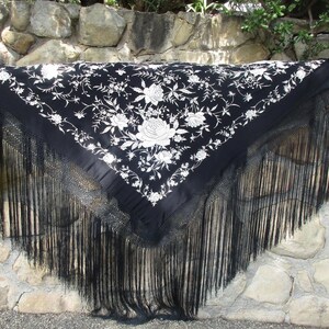 Antique Canton Silk Embroidered Manton de Manila, Piano Shawl, Flamenco Shawl