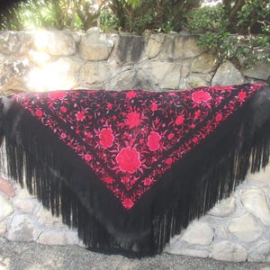 Antique Canton Manton de Manila Silk Embroidered Piano Shawl Flamenco Shawl