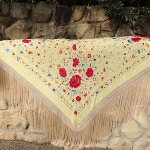 Antique Canton Silk Embroidered Shawl, Spanish Shawl, Flamenco, Victorian Shawl, Piano Shawl