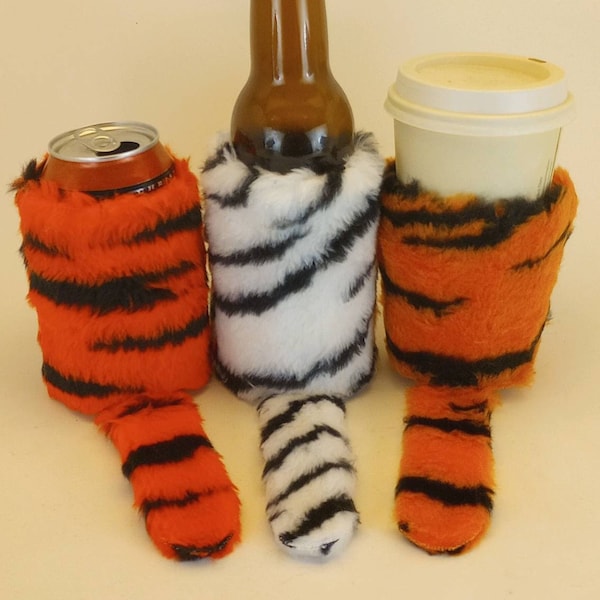 2 qty Faux Fur w/Tail Beverage Insulator CAN/Bottle & CUP Size PocketHuggies- #Beer, Water, #Coffee #Bengal #Clemson #Bearcat #Cincinnati