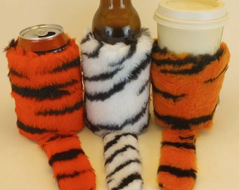 2 qty Faux Fur w/Tail Beverage Insulator CAN/Bottle & CUP Size PocketHuggies- #Beer, Water, #Coffee #Bengal #Clemson #Bearcat #Cincinnati