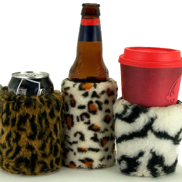 3 qty. Beverage Insulators FauxFur Leopard Zebra Cheetah Eco PocketHuggies-Hot/Cold Coffee SoloCup 3 Sizes-CUP CAN BOTTLE/Skinny Can