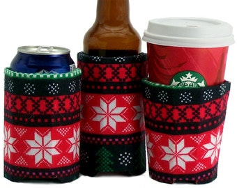 Beverage Insulator 2qty #SkiSweater FairIsle Fabric #Eco PocketHuggie-,Cold/Hot 3 SIZES Cup,Can,Glass Beer, #Skiing #UglySweater #Starbucks