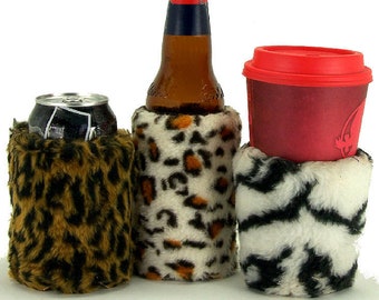 3 qty. Beverage Insulators FauxFur Leopard Zebra Cheetah Eco PocketHuggies-Hot/Cold Coffee SoloCup 3 Sizes-CUP CAN BOTTLE/Skinny Can