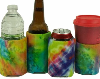 EcoFriendly Beverage Insulator Rainbow Tie Dye PocketHuggie-Cold/Hot Starbucks Cup, Soda,Solo Cup,Beer,Reusable,Folds,3 SIZES:Cup/Can/Bottle