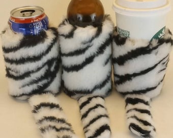 Faux Fur w/Tail White Tiger Beverage Insulator PocketHuggie Cold/Hot Cup, Solo Cup, Coffee 3 Sizes #Bengals #Tigers #Clemson #Cincinnati