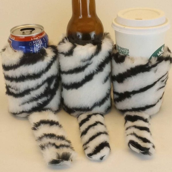 Faux Fur w/Tail White Tiger Beverage Insulator PocketHuggie Cold/Hot Cup, Solo Cup, Coffee 3 Sizes #Bengals #Tigers #Clemson #Cincinnati