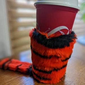 2 qty Faux Fur w/Tail Beverage Insulator CAN/Bottle & CUP Size PocketHuggies Beer, Water, Coffee Bengal Clemson Bearcat Cincinnati image 10