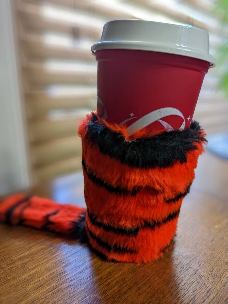 2 qty Faux Fur w/Tail Beverage Insulator CAN/Bottle & CUP Size PocketHuggies Beer, Water, Coffee Bengal Clemson Bearcat Cincinnati image 10