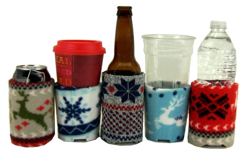 Beverage Insulators 4 SkiSweater PocketHuggies-Handmade, Eco-Friendly, Cold/Hot 3 sizes-GlassBeer BOTTLE Skinny Can, CAN, CUP Size image 2
