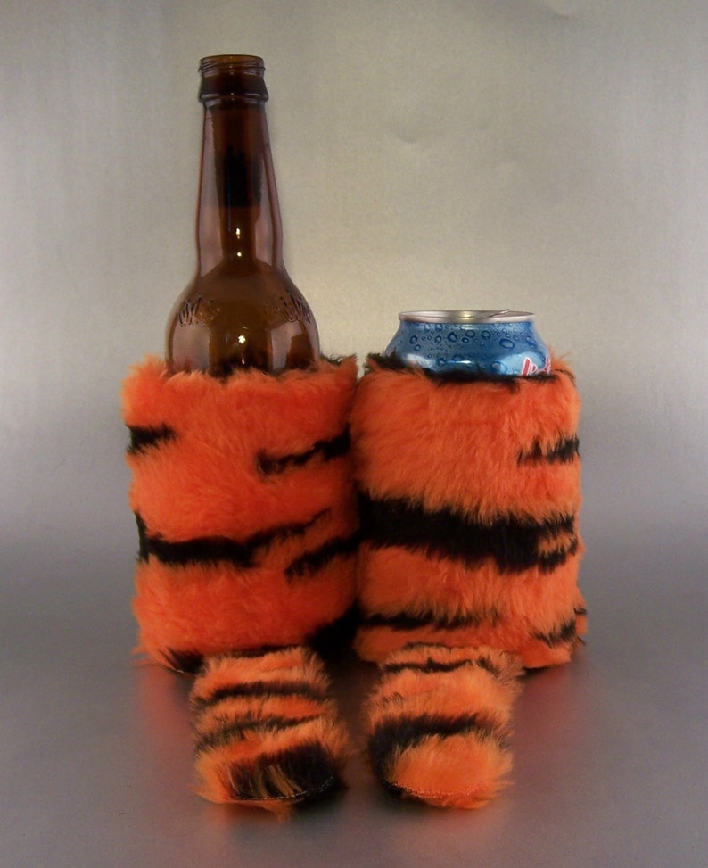 2 qty Faux Fur w/Tail Beverage Insulator CAN/Bottle & CUP Size PocketHuggies Beer, Water, Coffee Bengal Clemson Bearcat Cincinnati image 4