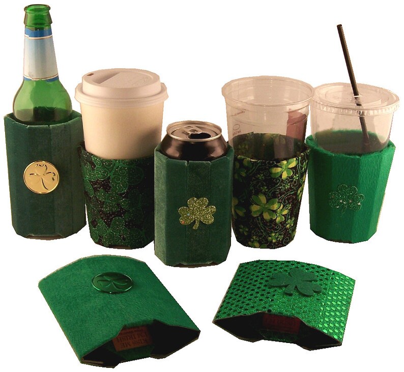 Beverage Insulator-St.Patty's Fabric PocketHuggie EcoFriendly, 3 Sizes Can, Glass Beer Bottle/Skinny Can & Cup Size, Coffee Starbucks image 2