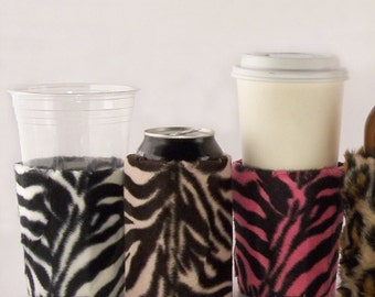 Beverage Insulator Zebra Furry PocketHuggie 3 Size CUP, CAN, Skinny Can/Glass Beer Bottle SIZE, Solo Cups, Coffee, Seltzer, Beer, Soda