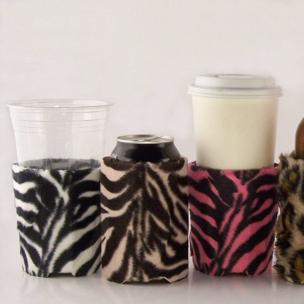 Beverage Insulator Zebra Furry PocketHuggie 3 Size CUP, CAN, Skinny Can/Glass Beer Bottle SIZE, Solo Cups, Coffee, Seltzer, Beer, Soda