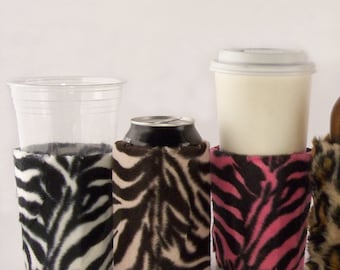 Beverage Insulator Faux Fur #Zebra  Pocket Huggie 3 Sizes,Hard Seltzer/ SkinnyCan/GLASS beer bottle, CUP, CAN #Eco-friendly Cold & Hot