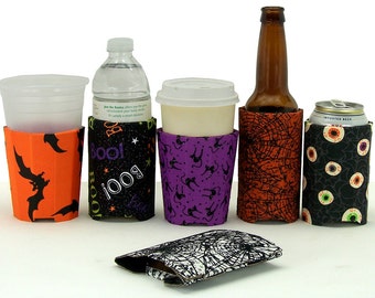 4 Assorted Mix Beverage Insulators #Halloween Fabric Pocket Huggie-#Beer #Coffee #SoloCup, 3 Sizes- Cup, Can, Skinny Can/Beer Bottle SIZE