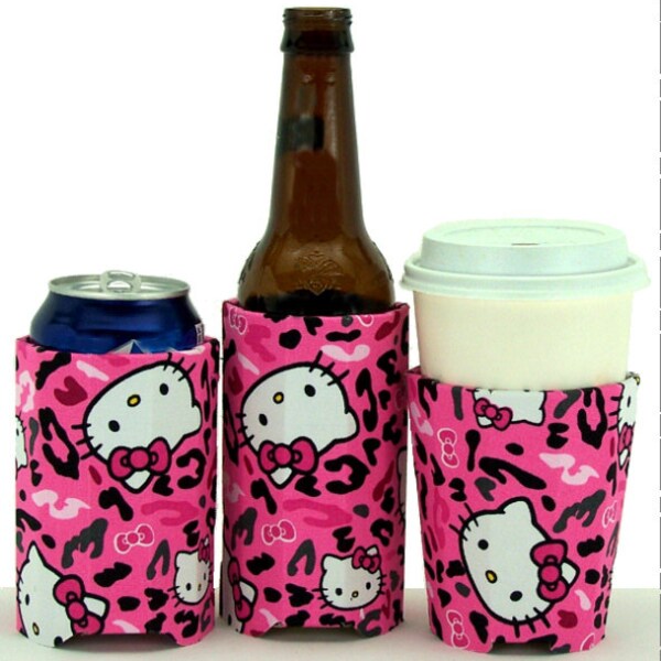 Beverage Insulator Hello Kitty Leopard Fabric PocketHuggie-Cold/Hot Starbucks Cup, Soda,Solo Cup,Beer,Reusable,Folds,3 SIZES:Cup/Can/Bottle