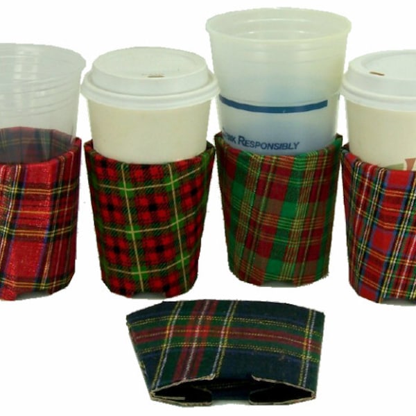 Beverage Cup Insulator Tartan Plaid Fabric Pocket Huggie-Handmade,Reusable,CUP SIZE- Hot/Cold Coffee,Solo Cups,Soda,Beer,Folds Flat