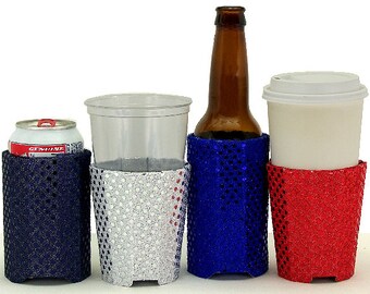 Beverage Insulators 4 #Sequin Set Fabric PocketHuggie-#Starbucks Cold/Hot #Coffee, #Beer #SoloCup,#Pint-3 Sizes-CUP, CAN, GLASS BeerBottle